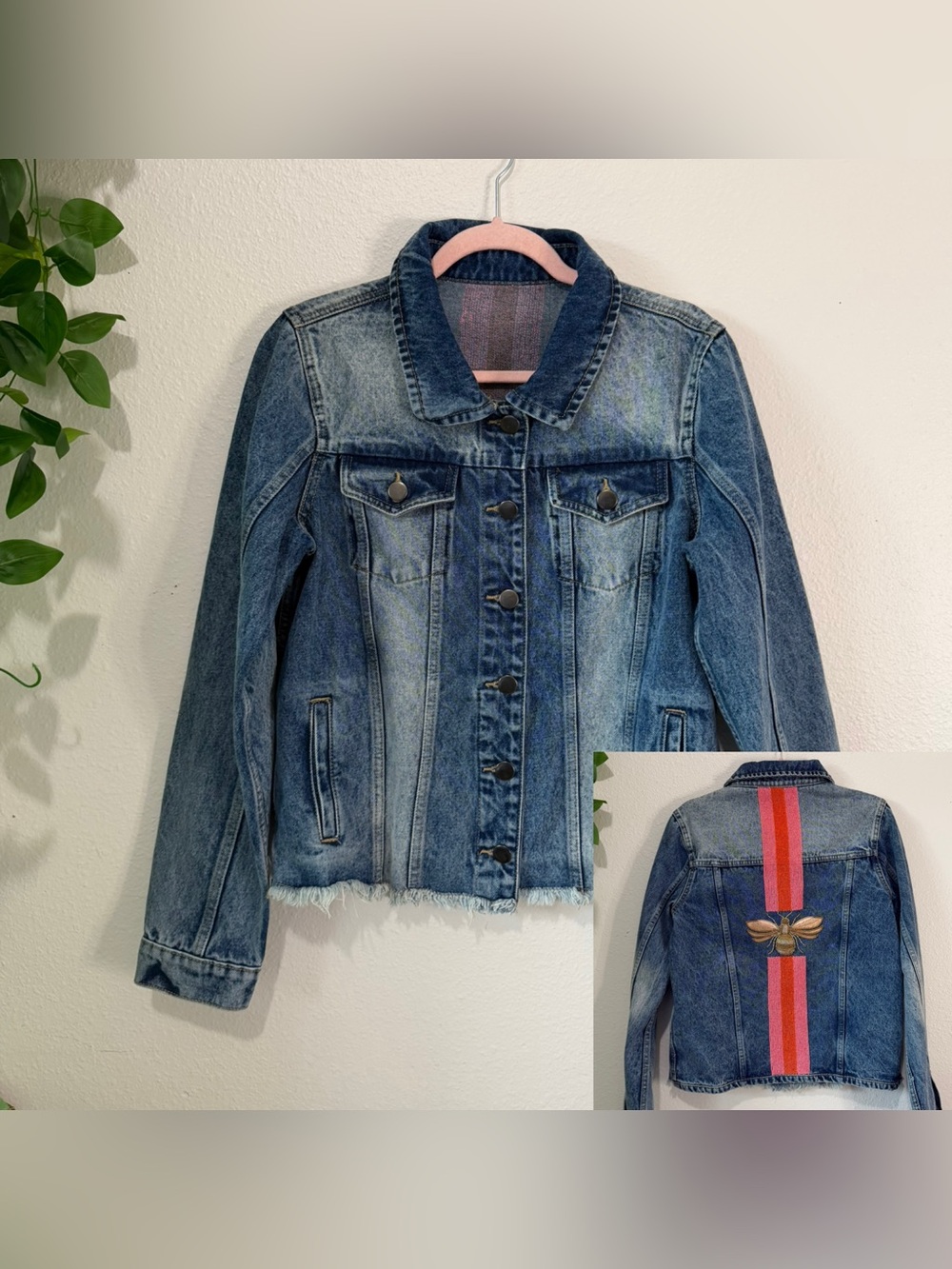 Trigger Embroidered Beaded Bee Denim Jean Jacket L Statement Art Wear
